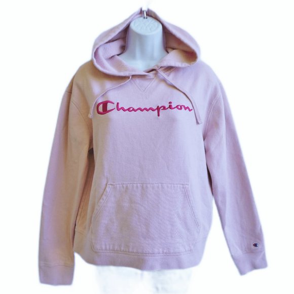 Champion Pink Hoodie Sweatshirt Streetwear Embroidered Spell Out Kangaroo Pocket - Picture 2 of 10